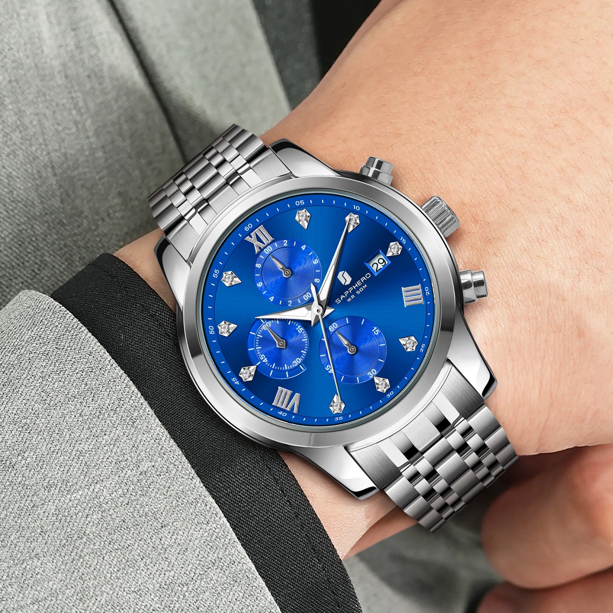 SAPPHERO Novo relógio masculino de luxo relógio com mostrador de diamante relógio masculino de aço inoxidável com cronometragem de precisão relógio de presente masculino