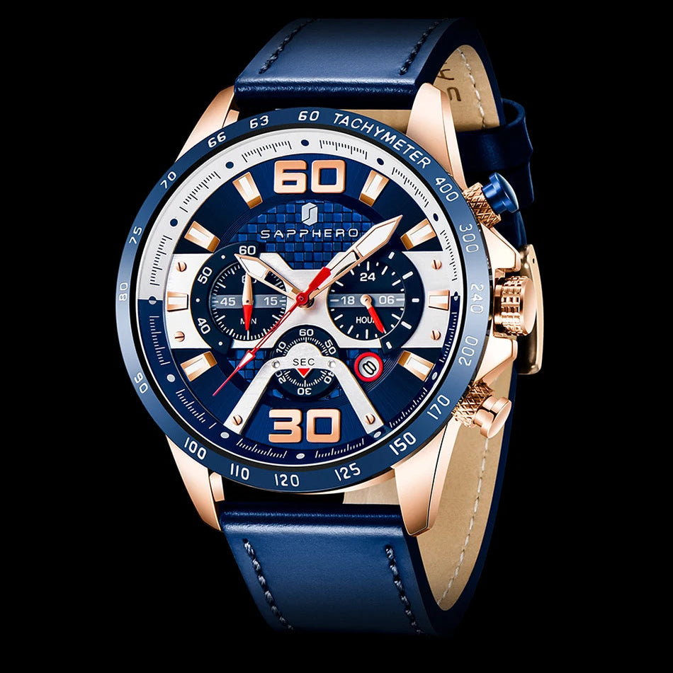 Sapphero relógio esportivo masculino, relógio de ouro rosa com pulseira de couro, data luminosa, à prova d'água, cronógrafo, relógio de quartzo, acessórios masculinos
