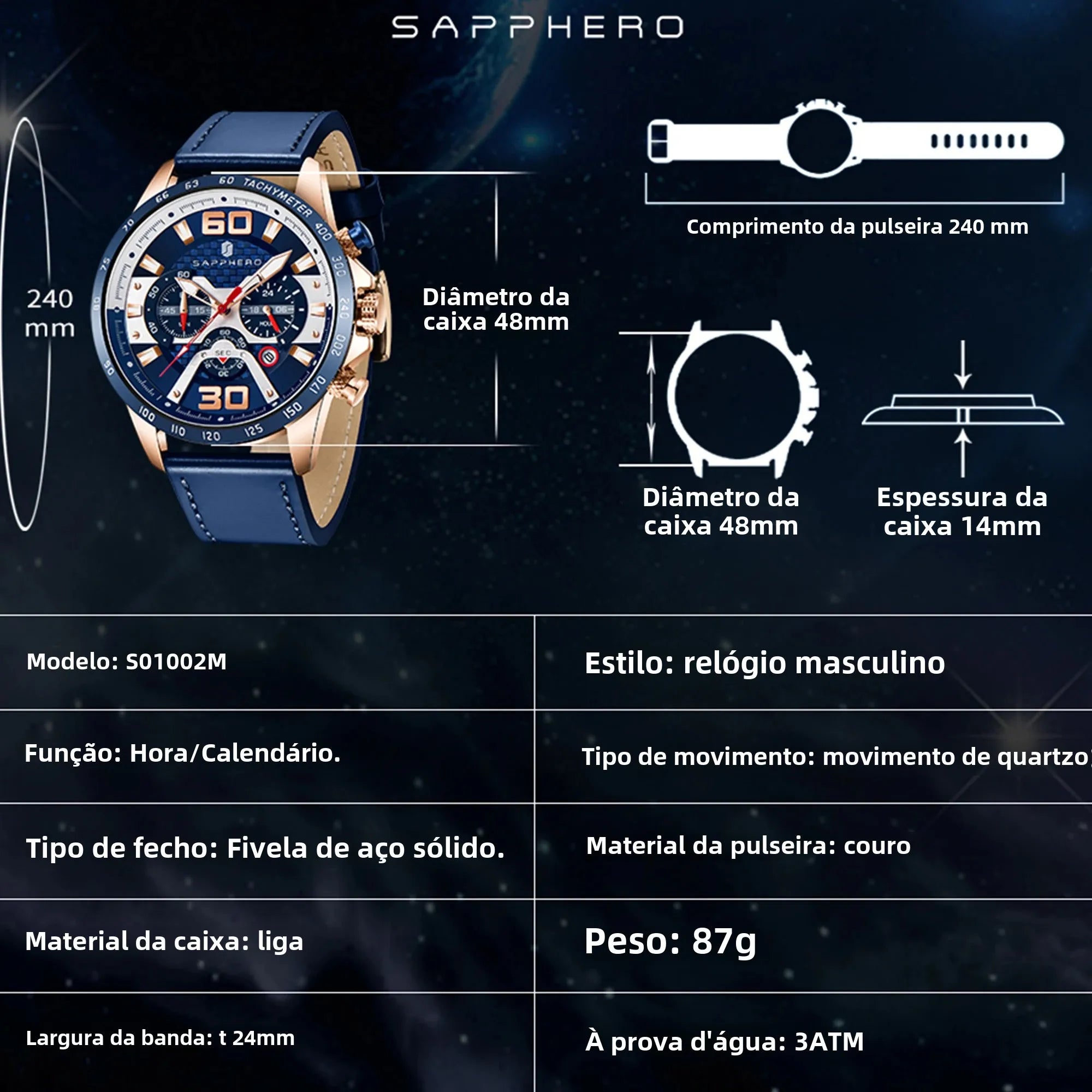 Sapphero relógio esportivo masculino, relógio de ouro rosa com pulseira de couro, data luminosa, à prova d'água, cronógrafo, relógio de quartzo, acessórios masculinos
