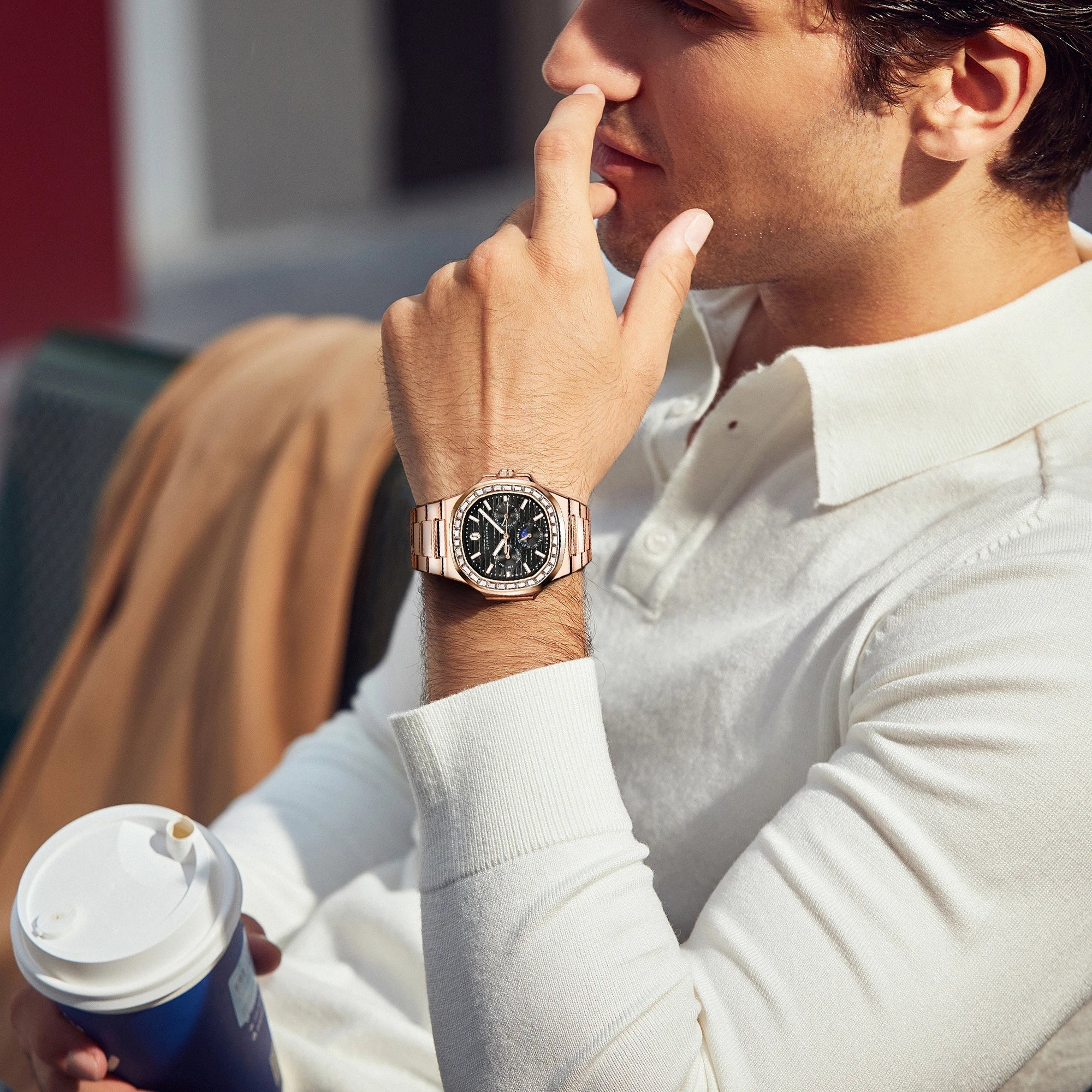 SAPPHERO Relógios masculinos moda relógios de quartzo relógios de aço inoxidável para homens presentes de luxo