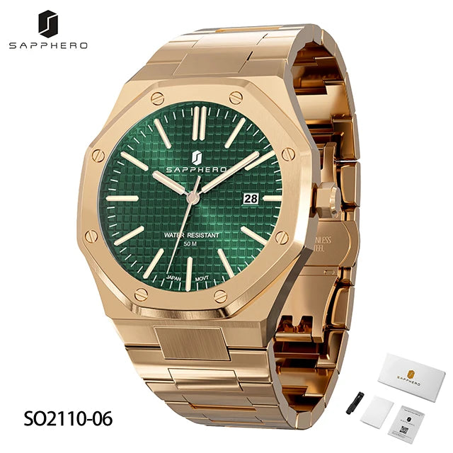 Relógio masculino SAPPHERO, pulseira de aço inoxidável, design resistente à água, calendário automático, presentes festivos, relógio de caixa de presente requintado