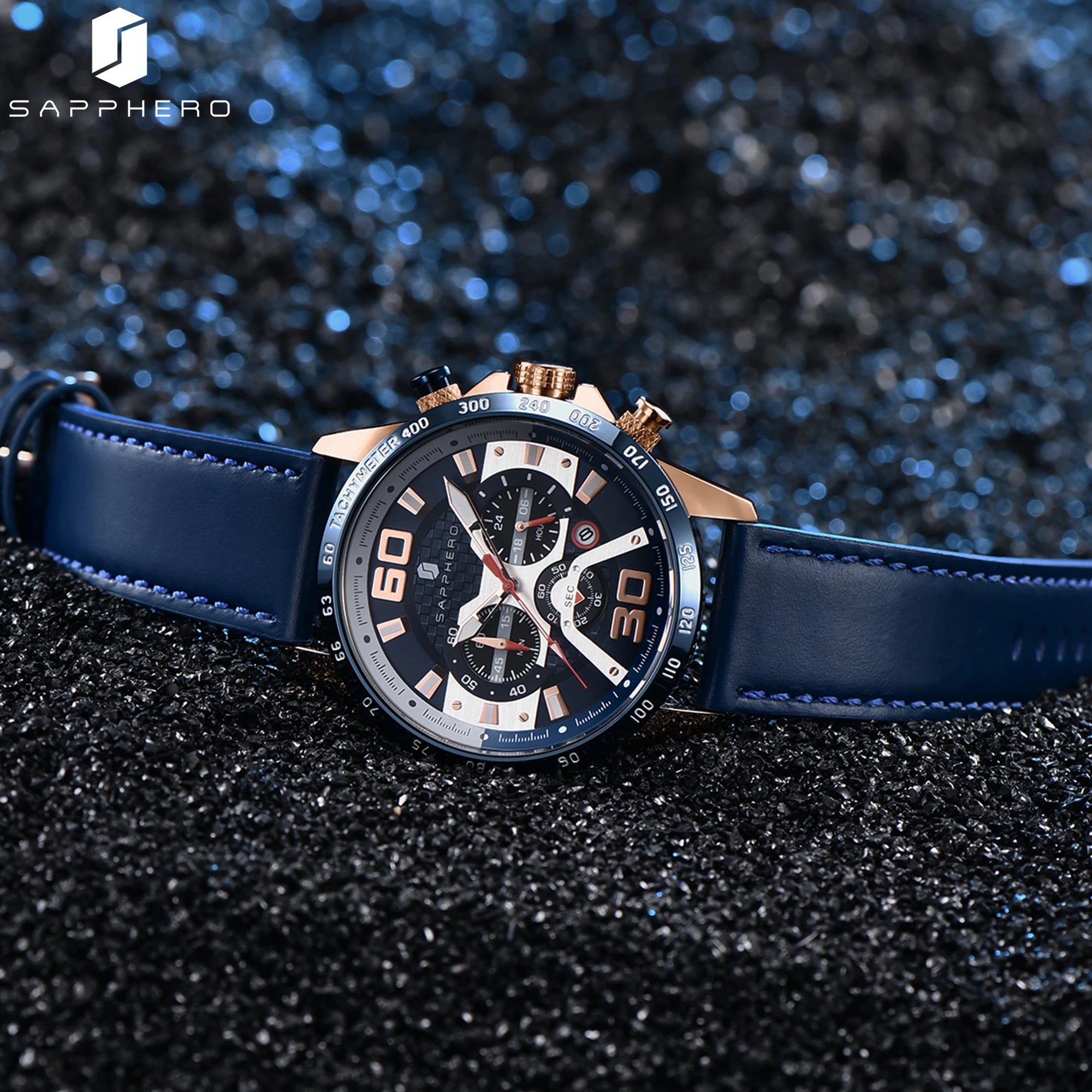 Sapphero relógio esportivo masculino, relógio de ouro rosa com pulseira de couro, data luminosa, à prova d'água, cronógrafo, relógio de quartzo, acessórios masculinos